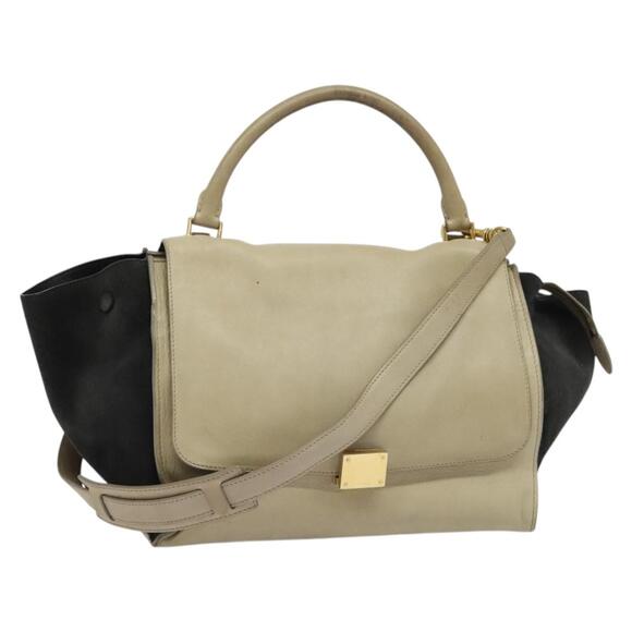 CELINE Trapeze Hand Bag Leather Suede Beige Black Gold